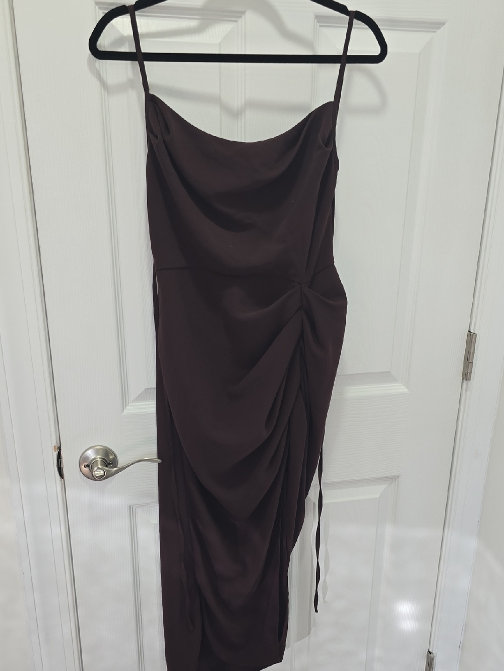 Amanda Uprichard Chocolate Brown Draped Spaghetti-Strap Midi Dress